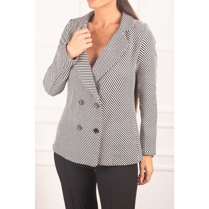 armonika Women's Black and White Striped Patterned Four Button Cachet Jacket