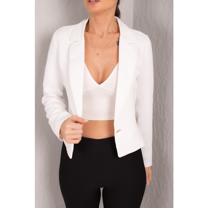 armonika Women's White Single Button Crop Jacket