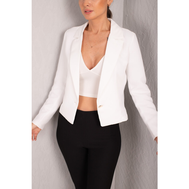 armonika Women's White Single Button Crop Jacket