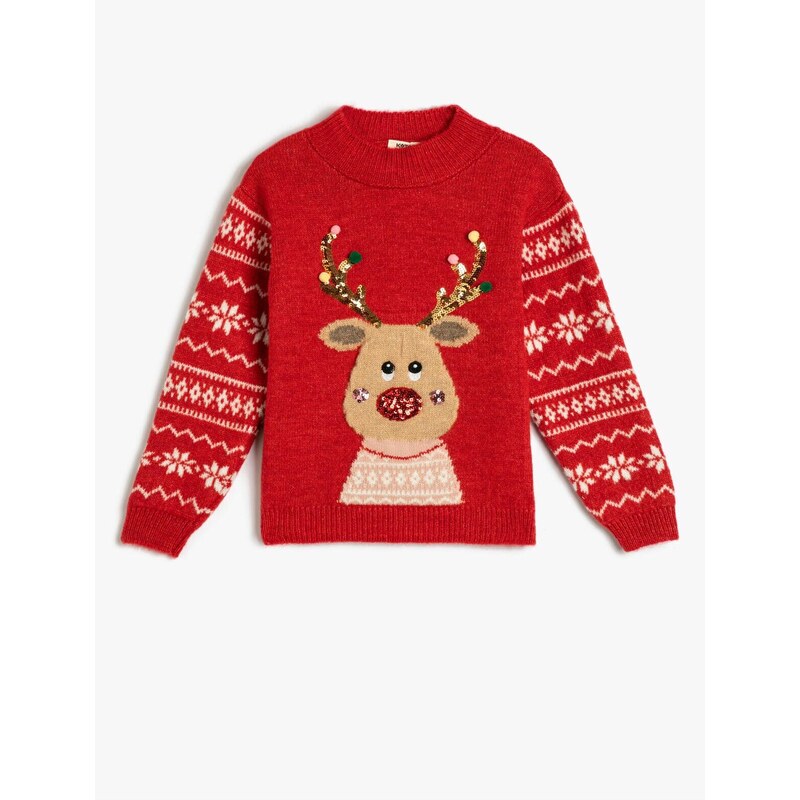 Koton New Year's Sweater Deer Patterned Crew Neck Sequin Detailed