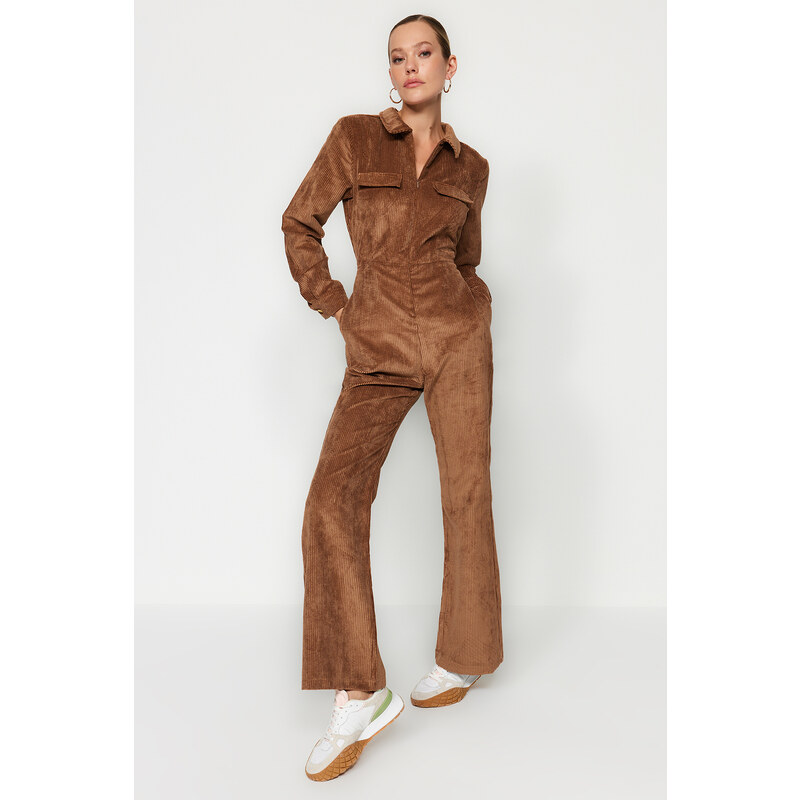 Trendyol Brown Velvet Woven Jumpsuit