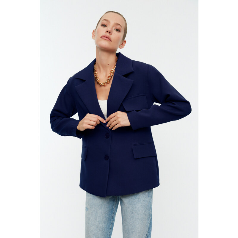 Trendyol Navy Blue Oversize Lined Woven Blazer Jacket