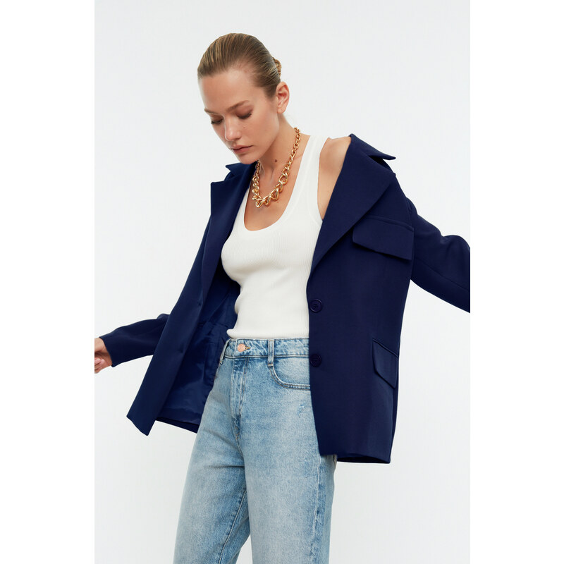 Trendyol Navy Blue Oversize Lined Woven Blazer Jacket