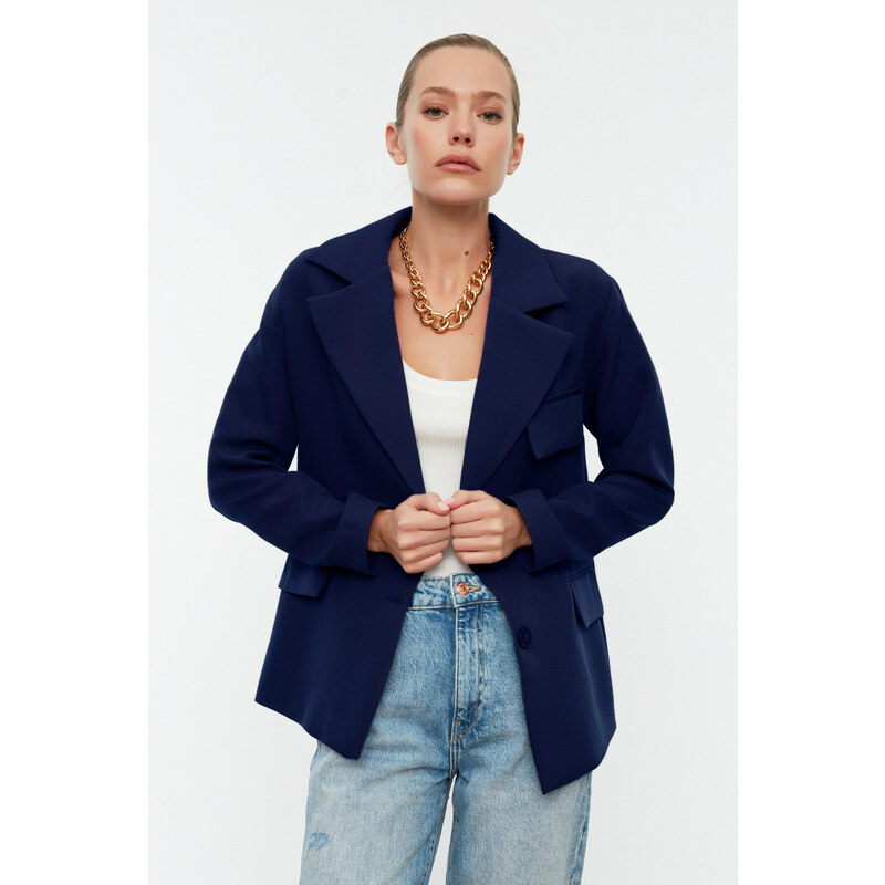 Trendyol Navy Blue Oversize Lined Woven Blazer Jacket