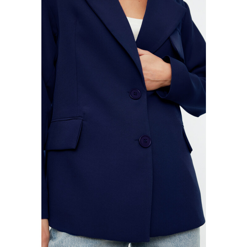 Trendyol Navy Blue Oversize Lined Woven Blazer Jacket