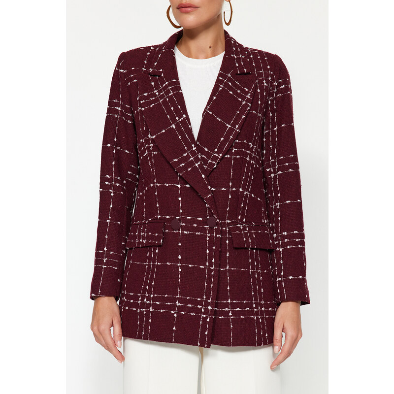 Trendyol Burgundy Oversize Woven Plaid Blazer Jacket