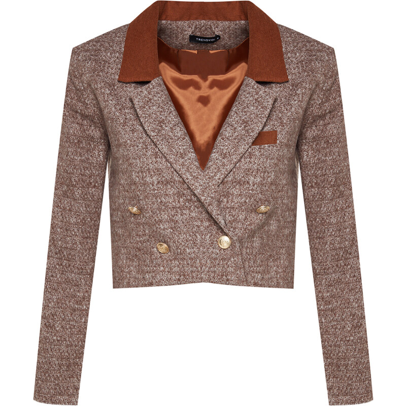 Trendyol Brown Premium Crop Button Detailed Woven Blazer Jacket