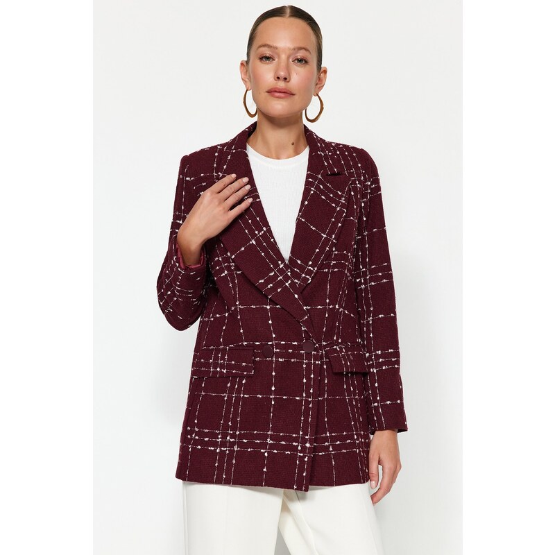 Trendyol Burgundy Oversize Woven Plaid Blazer Jacket