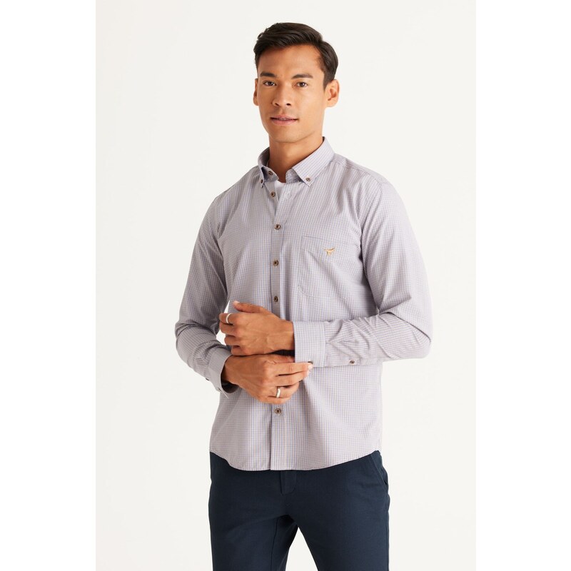 AC&Co / Altınyıldız Classics Men's Navy Blue-Mustard Slim Fit Slim Fit Button-down Collar with Logo Pocket Striped Cotton Shirt