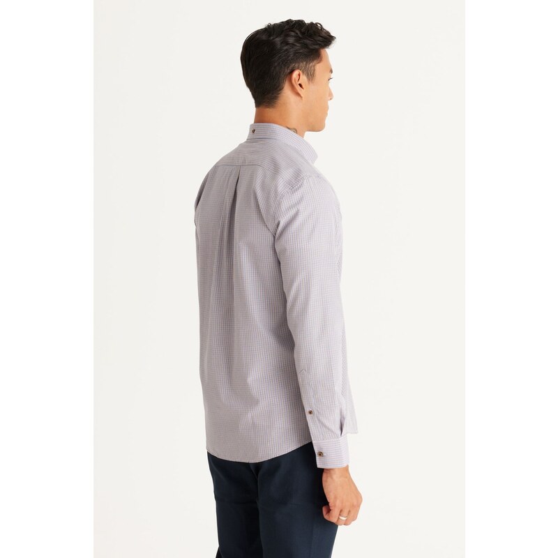 AC&Co / Altınyıldız Classics Men's Navy Blue-Mustard Slim Fit Slim Fit Button-down Collar with Logo Pocket Striped Cotton Shirt