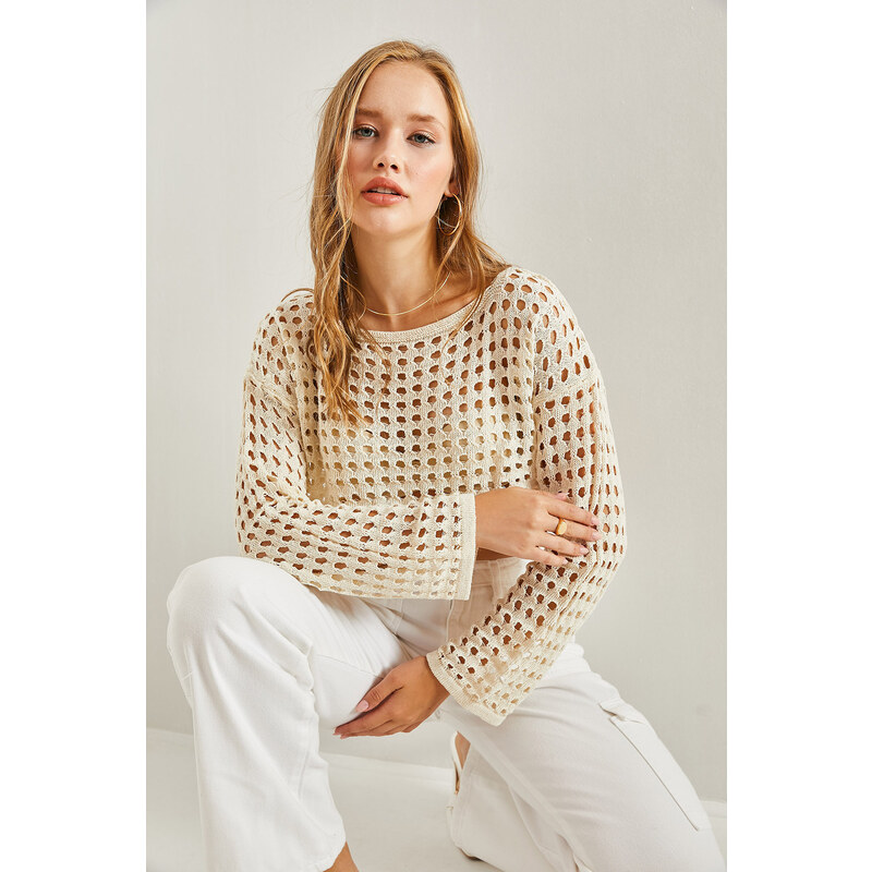 Bianco Lucci Women's Openwork Knitwear Crop Sweater