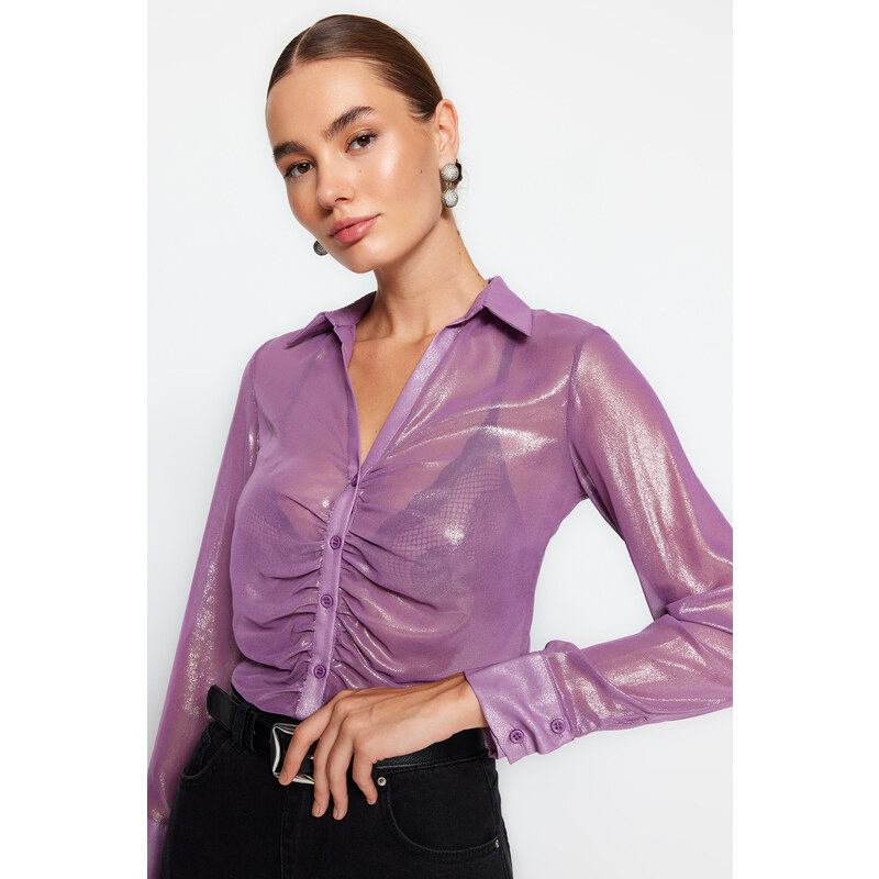 Trendyol Lilac Gathered Shiny Transparent Woven Shirt