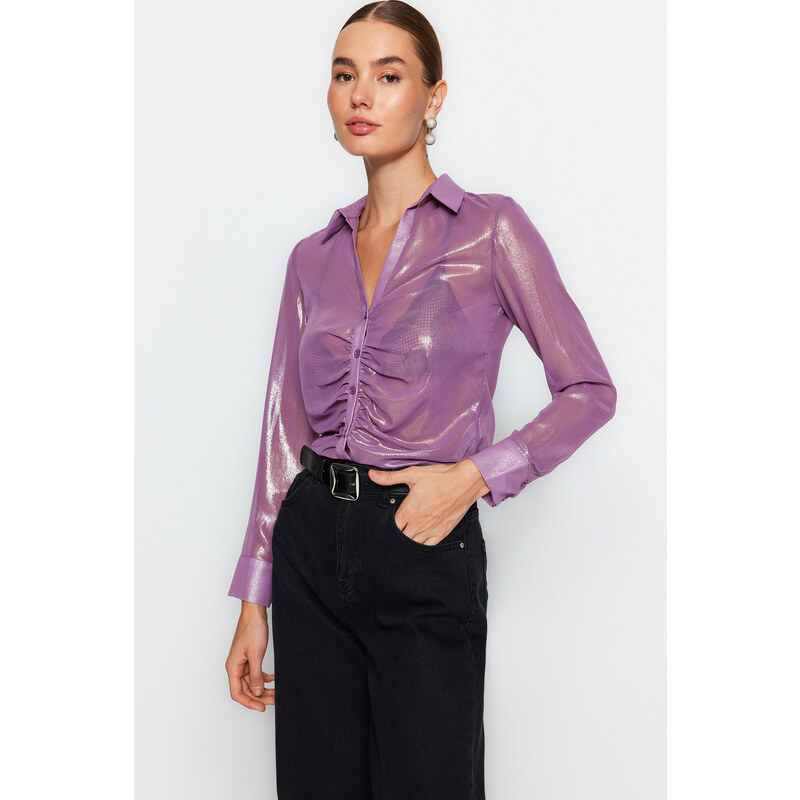 Trendyol Lilac Gathered Shiny Transparent Woven Shirt