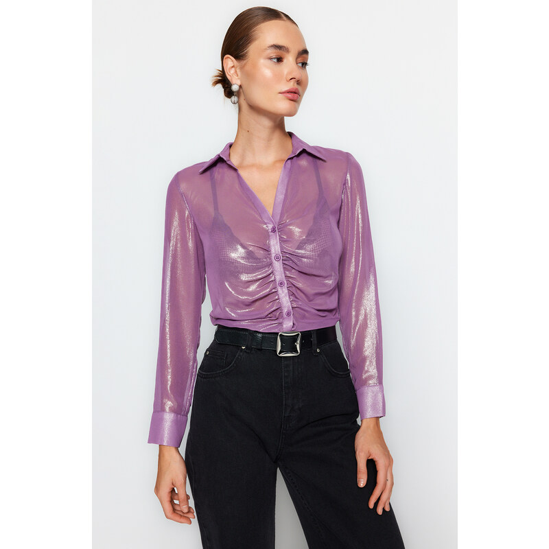 Trendyol Lilac Gathered Shiny Transparent Woven Shirt