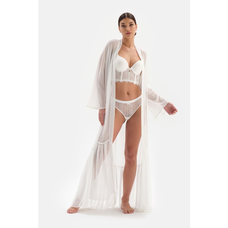 Dagi White Bride Lace Detailed Chiffon Dressing Gown