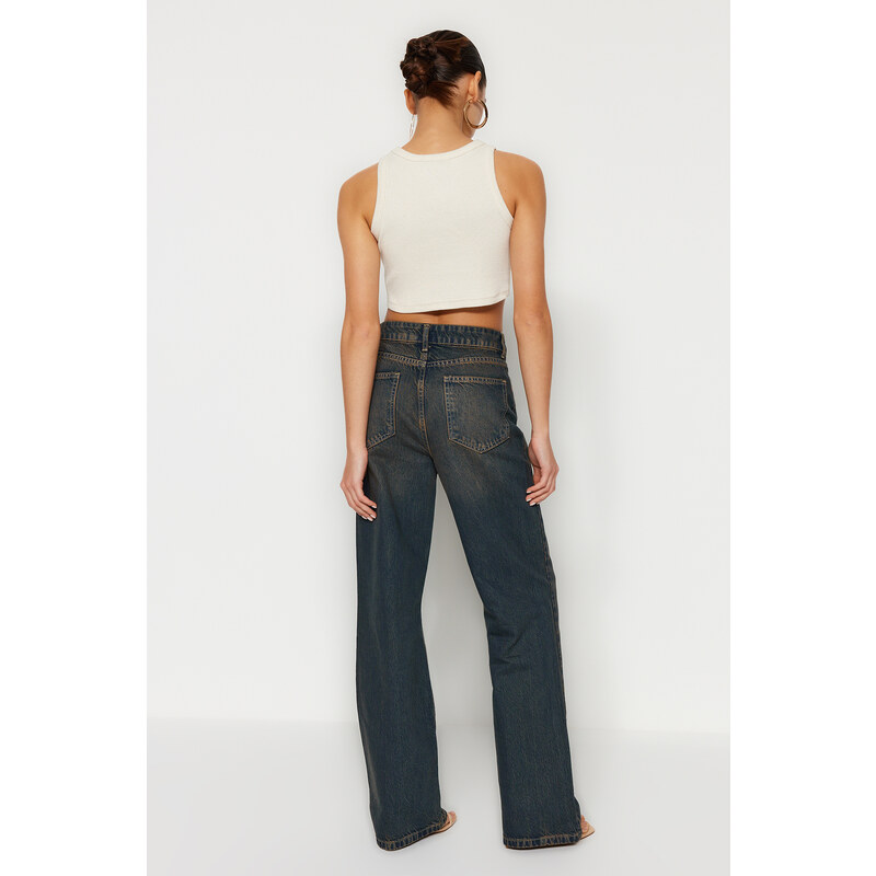 Trendyol Dark Blue Pale Effect Vintage High Waist Wide Leg Jeans