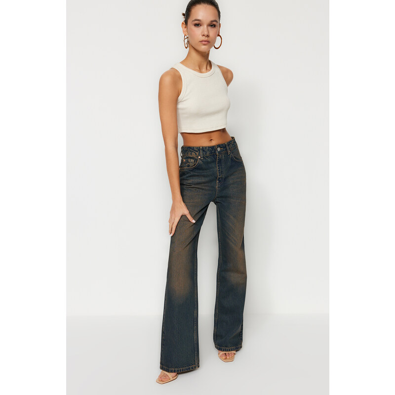 Trendyol Dark Blue Pale Effect Vintage High Waist Wide Leg Jeans