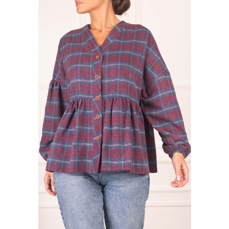 armonika Women's Dark Blue Plaid Patterned Stamped Shirt with Smocking Bottoms and Elasticated Sleeves