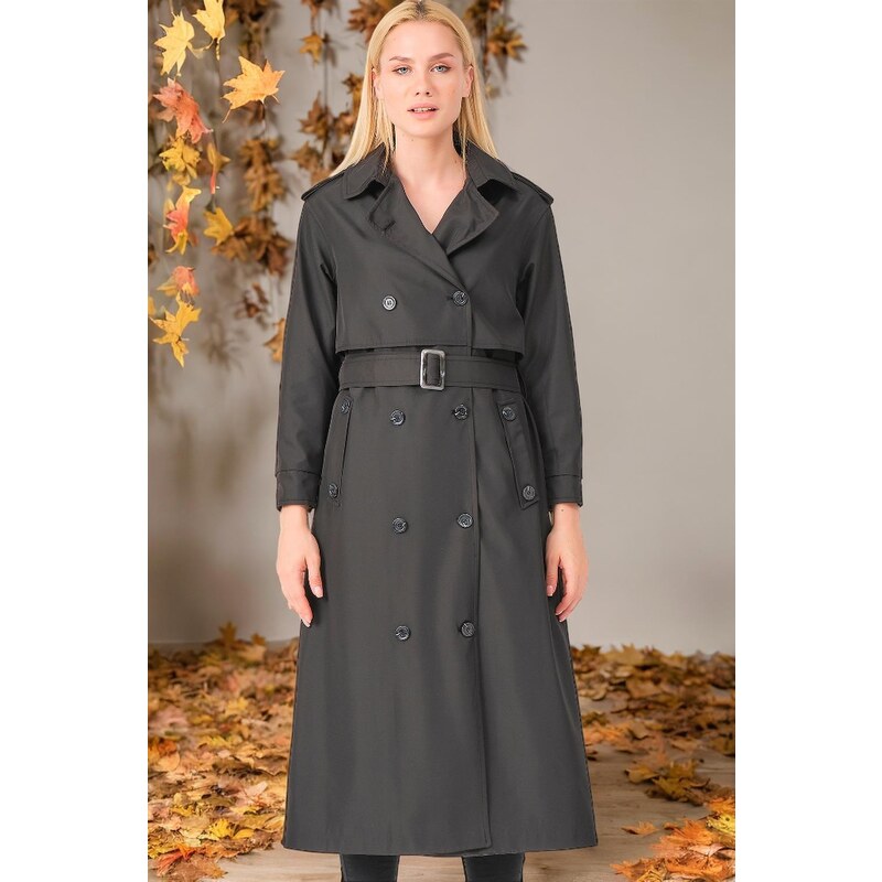 Z6674 DEWBERRY WOMEN'S TRENCH COAT-STRAIGHT BLACK