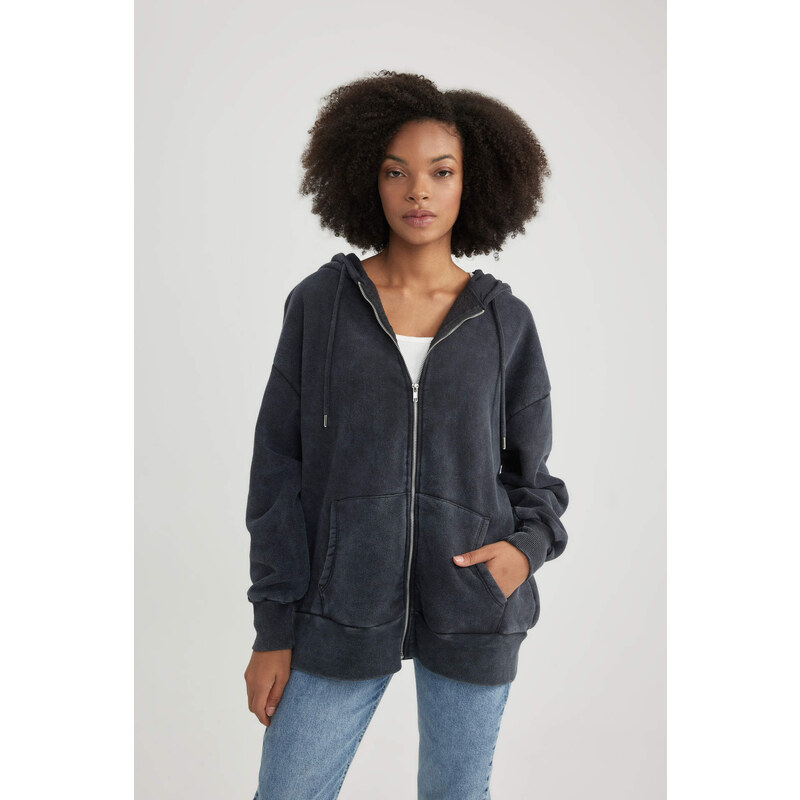 DEFACTO Oversize Fit Hooded Thick Sweatshirt Fabric Cardigan