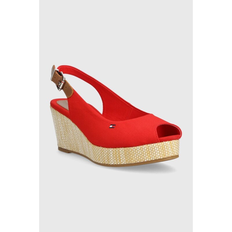 Sandály Tommy Hilfiger ICONIC ELBA SLING BACK WEDGE dámské, červená barva, na klínku, FW0FW04788