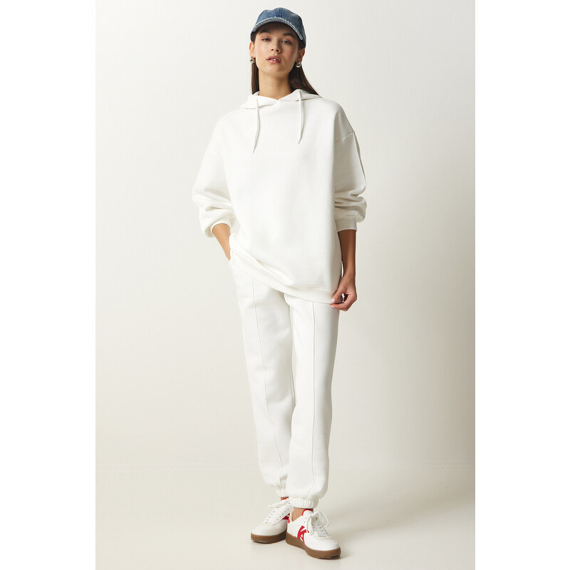 Happiness İstanbul Women's White Hooded Raised Knitted Tracksuit Set