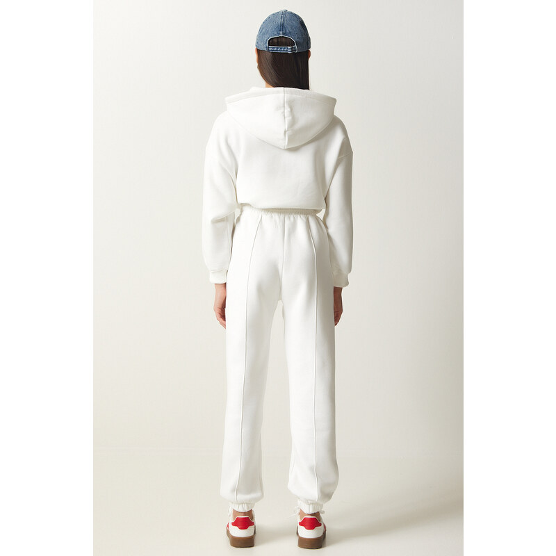 Happiness İstanbul Women's White Hooded Raised Knitted Tracksuit Set