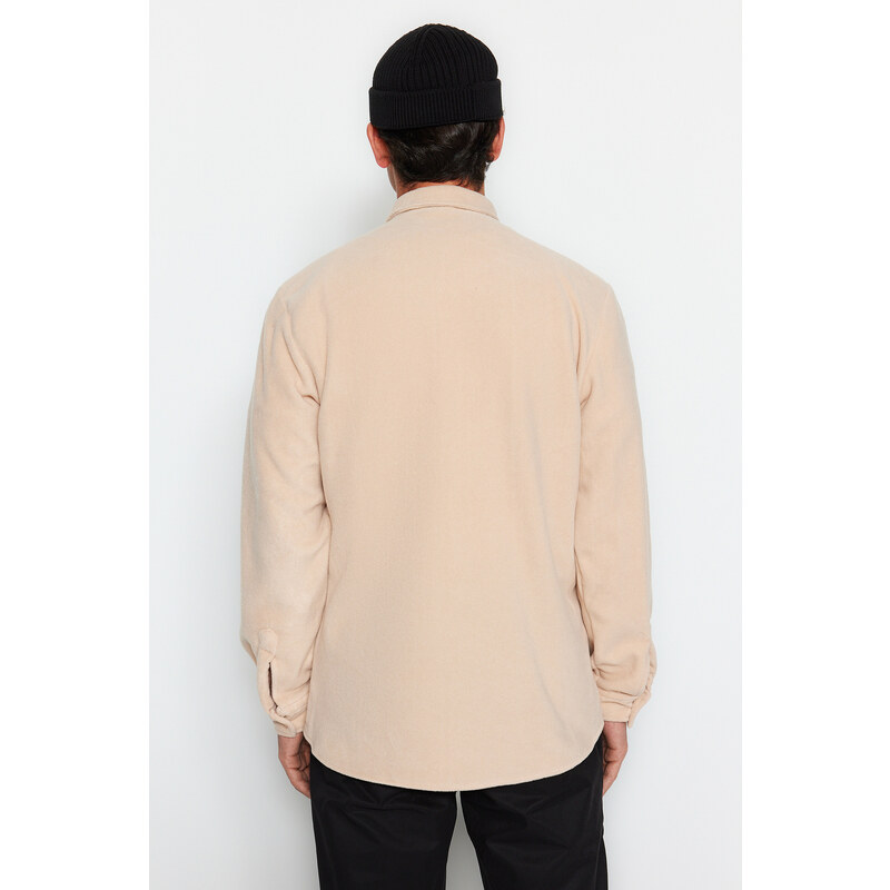 Trendyol Beige Regular Fit Label Detailed Fleece Thick Winter Shirt