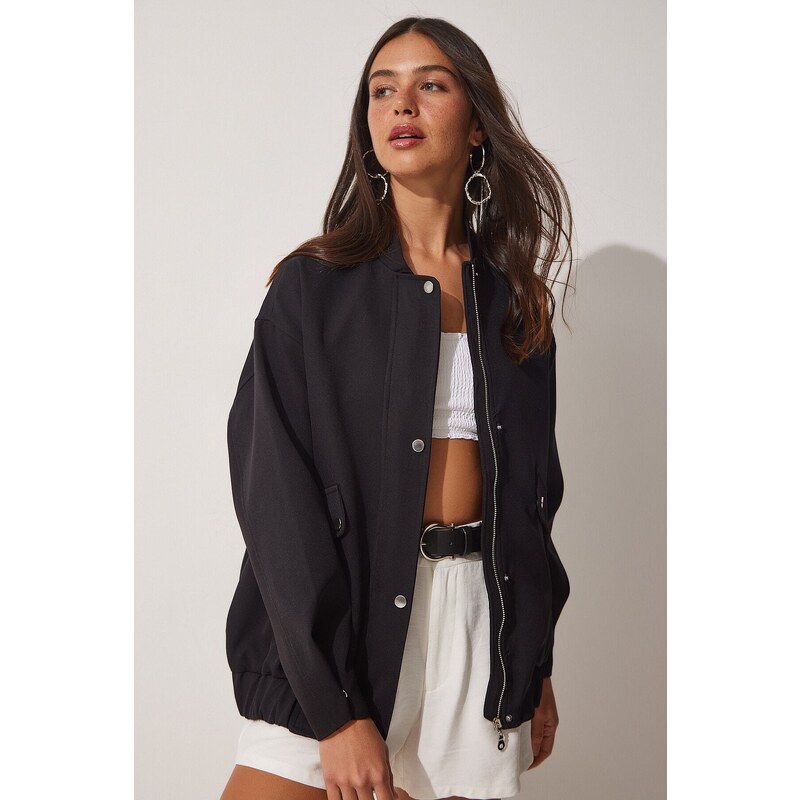 Happiness İstanbul Women's Black Wide Pocket Bomber Coat