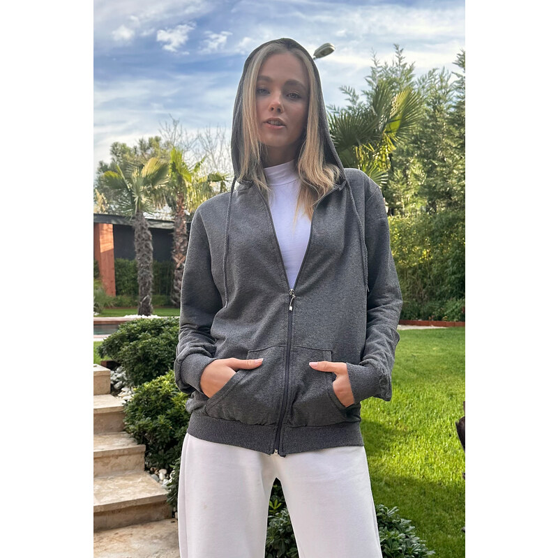 Trend Alaçatı Stili Women's Anthracite Hooded Double Pocket Zipper Oversize Sweatshirt