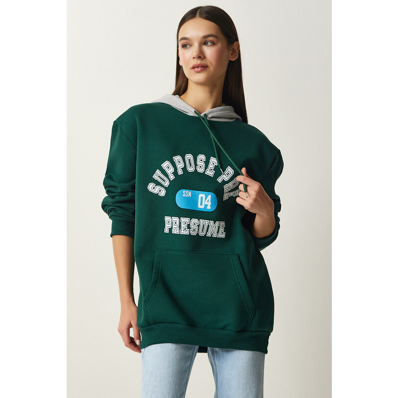 Happiness İstanbul Women's Emerald Green Hooded Rayon Printed Sweatshirt