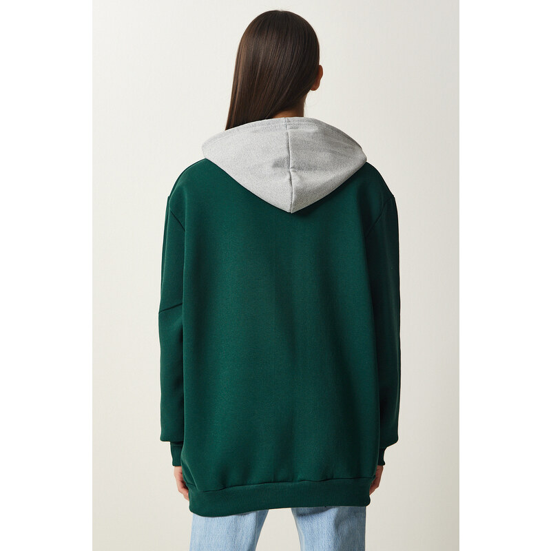 Happiness İstanbul Women's Emerald Green Hooded Rayon Printed Sweatshirt