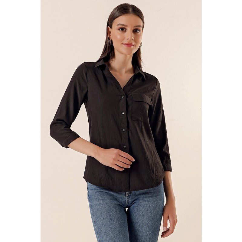 By Saygı Polo Neck Shirt with One Pocket, Black