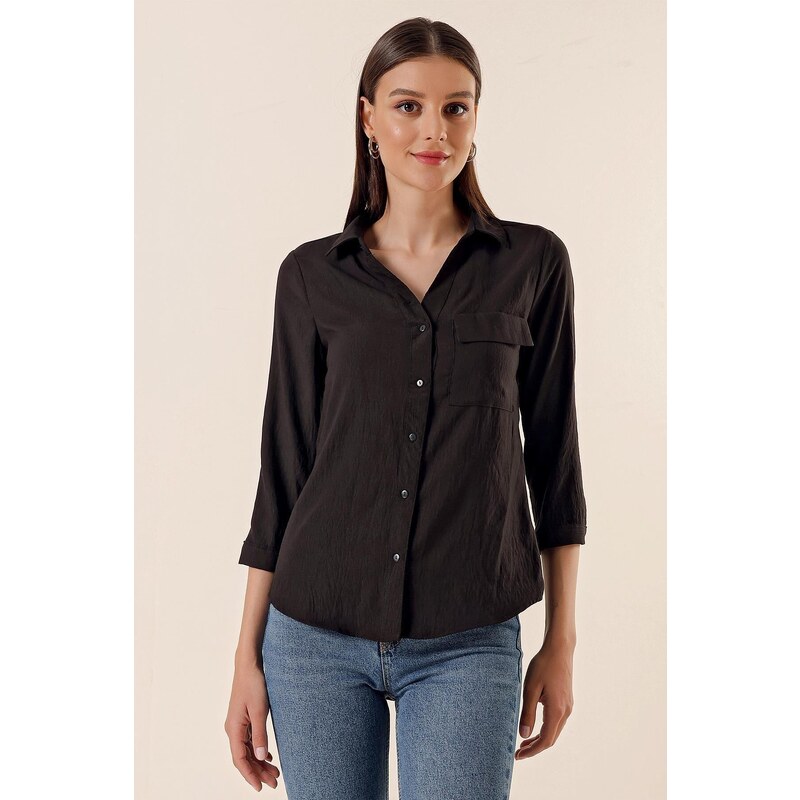 By Saygı Polo Neck Shirt with One Pocket, Black