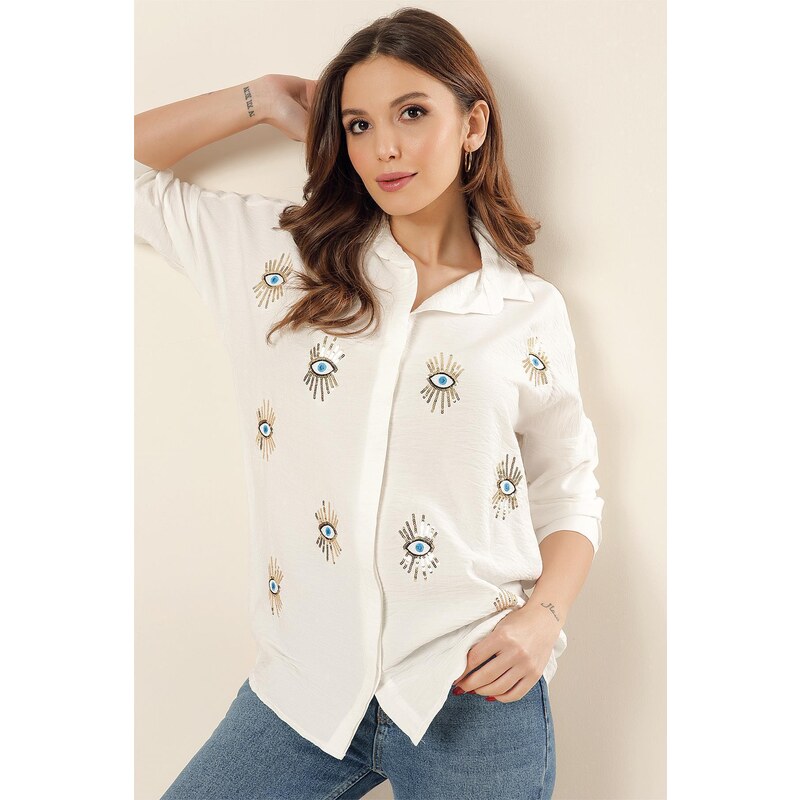 By Saygı Sequin Embroidered Eye Pattern Crepe Linen Shirt Cream