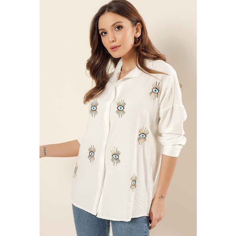 By Saygı Sequin Embroidered Eye Pattern Crepe Linen Shirt Cream