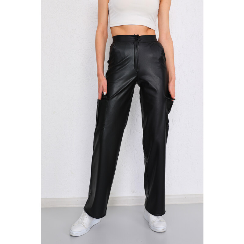 BİKELİFE Women's Black Leather High Waist Wide Leg Cargo Pants