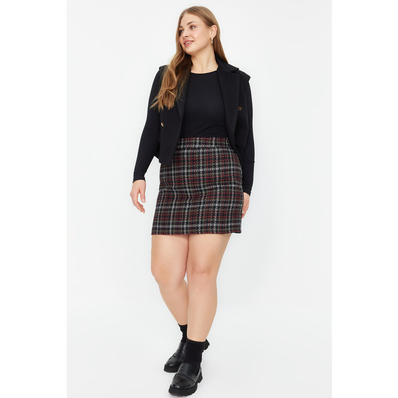 Trendyol Curve Black Plaid / Checkered Tweed Woven Skirt