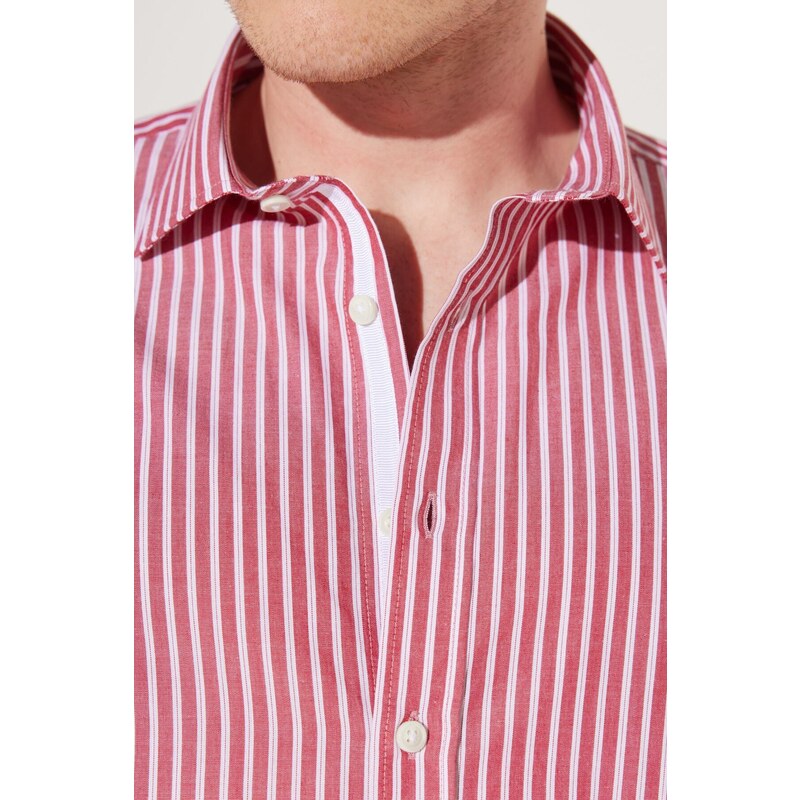 AC&Co / Altınyıldız Classics Men's Claret Red-White Comfort Fit Comfy Cut, Classic Collar 100% Cotton Striped Shirt.