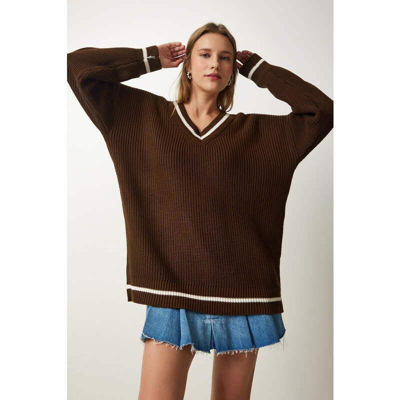 Happiness İstanbul Women's Brown V-Neck Oversize Long Knitwear Sweater