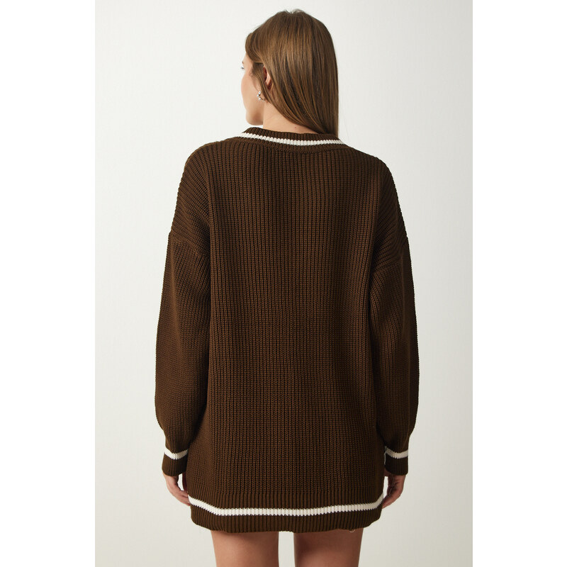Happiness İstanbul Women's Brown V-Neck Oversize Long Knitwear Sweater