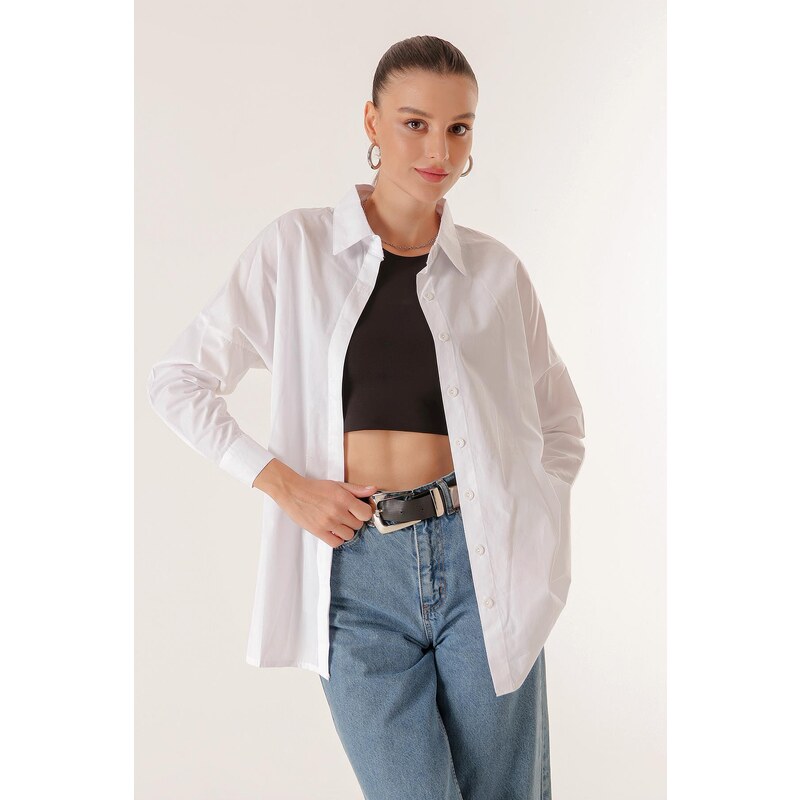 By Saygı Oversized Shirt with Front Pops Bat Capri Sleeves