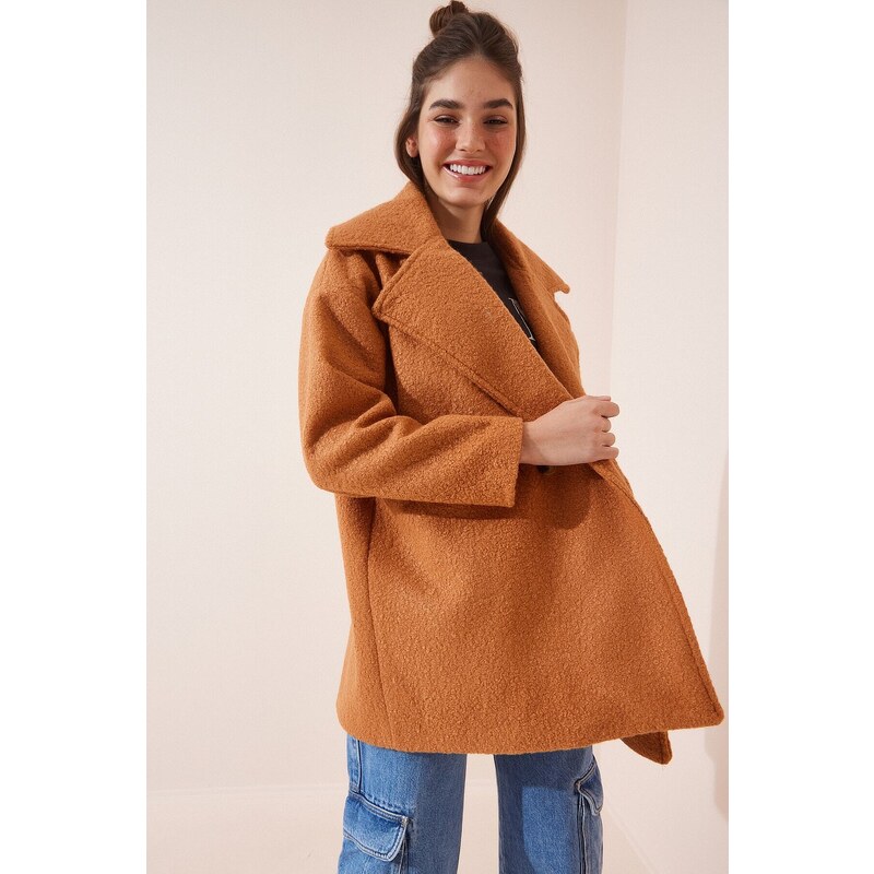 Happiness İstanbul Women's Light Cinnamon Oversized Boucle Coat