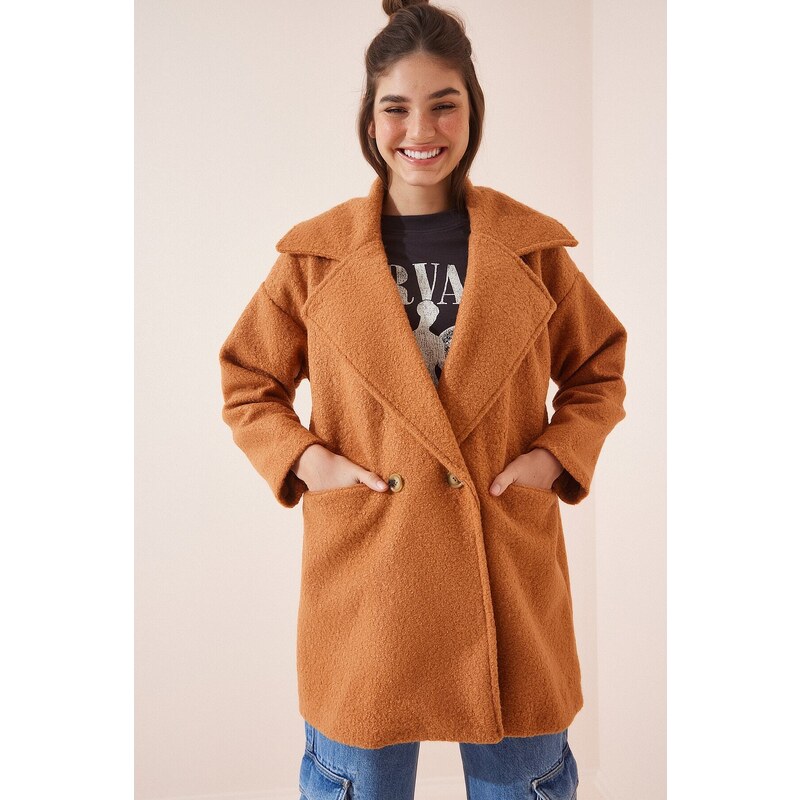 Happiness İstanbul Women's Light Cinnamon Oversized Boucle Coat