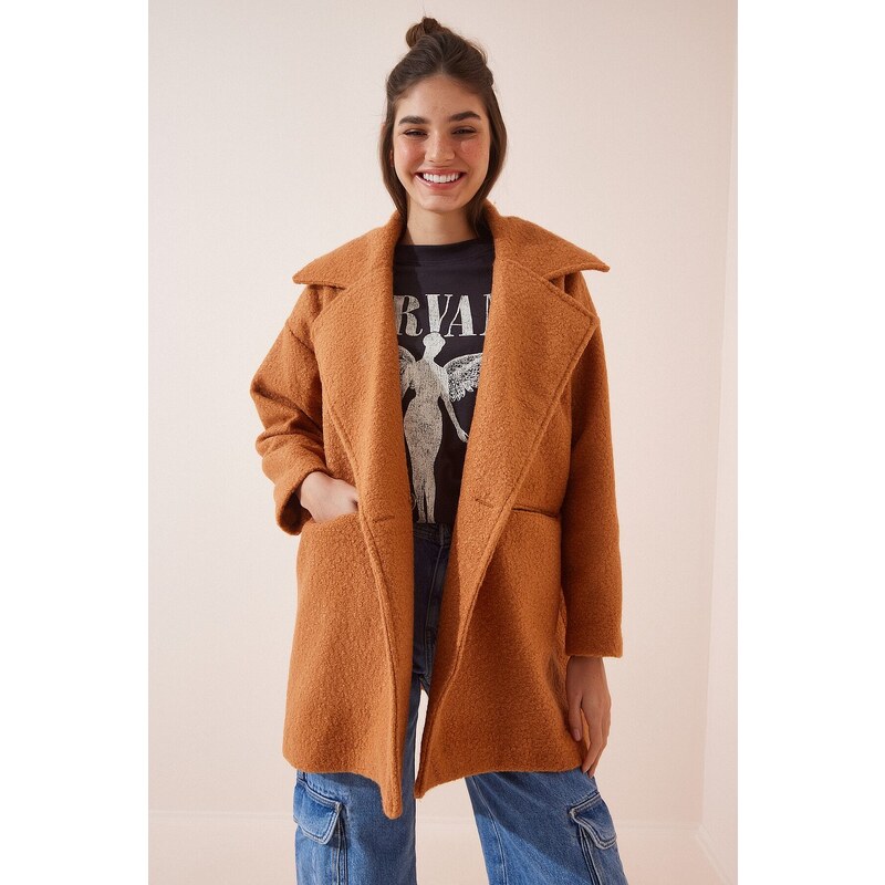 Happiness İstanbul Women's Light Cinnamon Oversized Boucle Coat