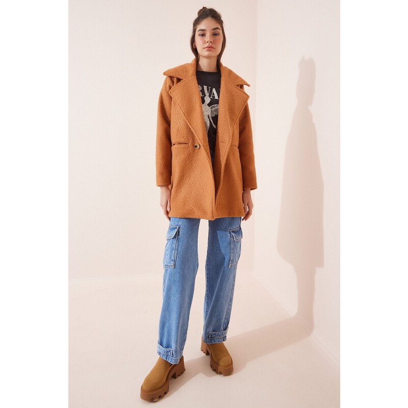 Happiness İstanbul Women's Light Cinnamon Oversized Boucle Coat