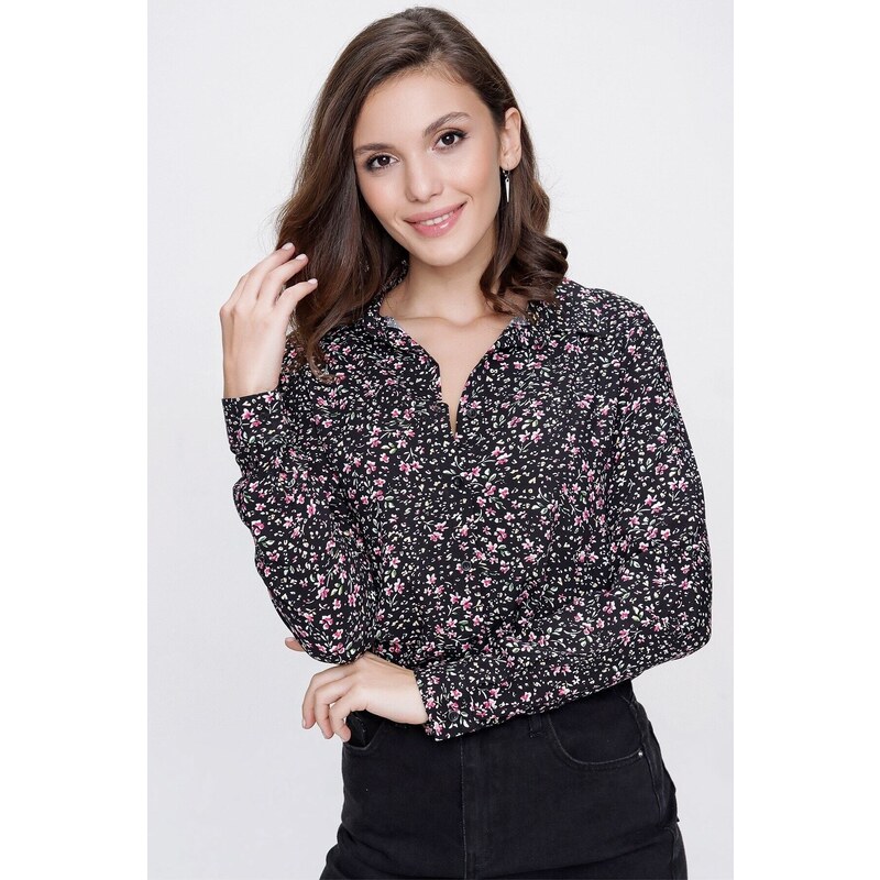 By Saygı Floral Mini Viscose Shirt Black