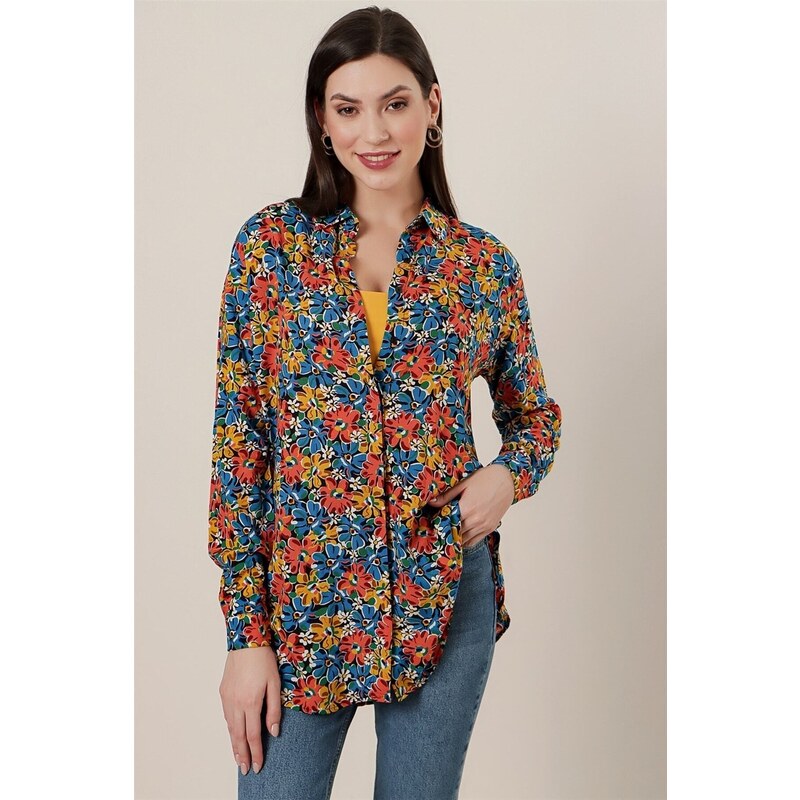 By Saygı Floral Pattern Oversized Shirt Blue