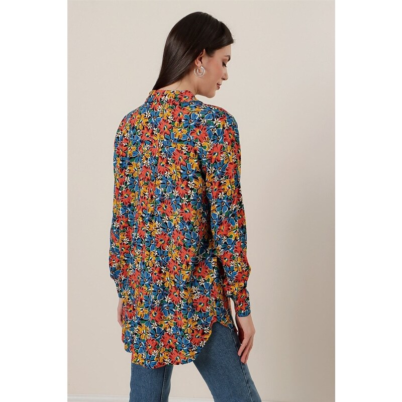 By Saygı Floral Pattern Oversized Shirt Blue