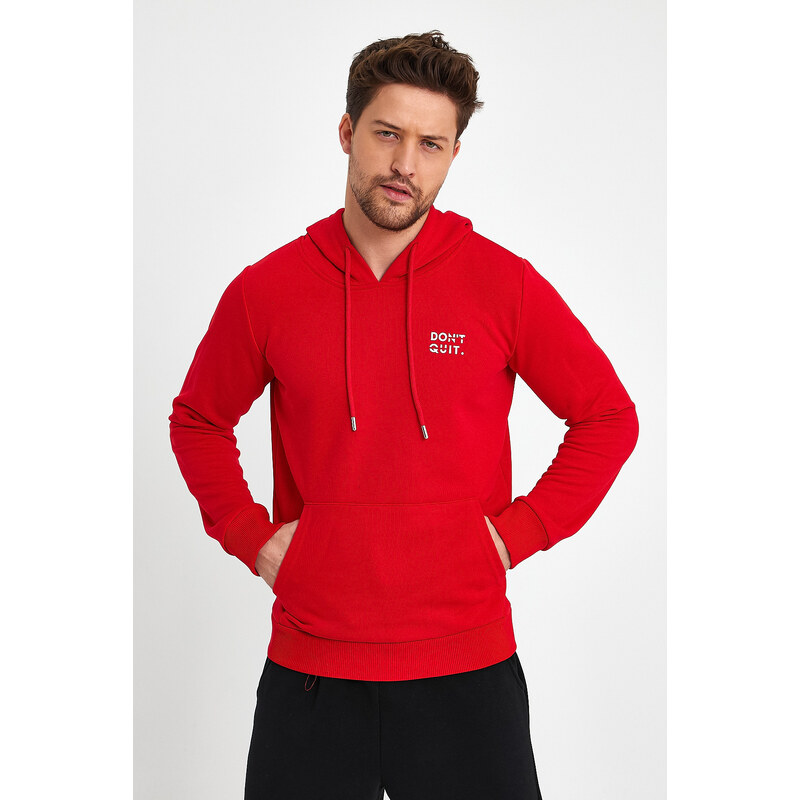 River Club Men's Red Dont Quit Printed 3 Thread Hooded Sweatshirt